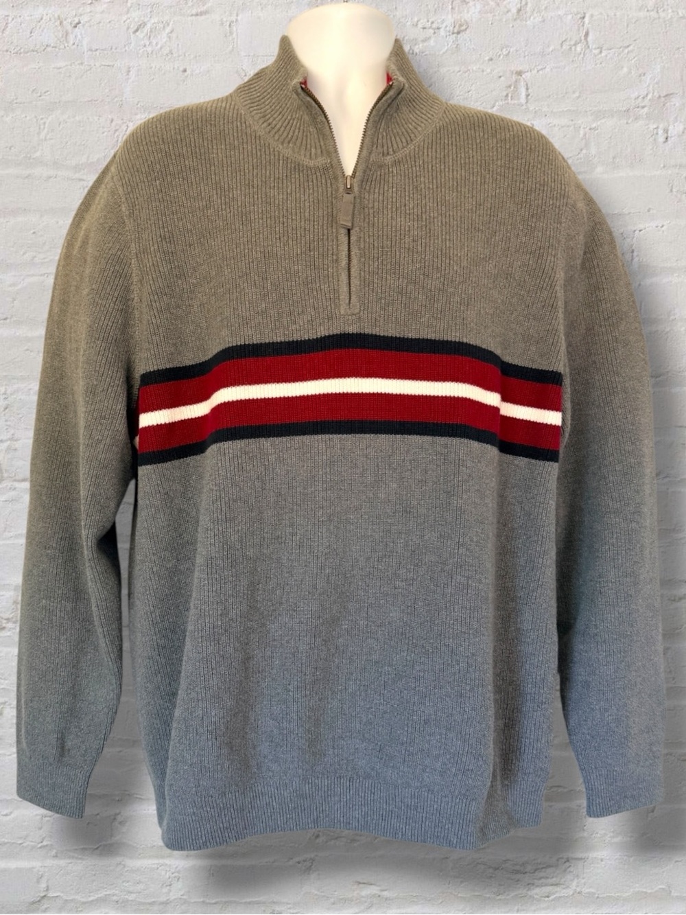Eddie Bauer XL Tall 100% Cotton Quarter Zip Sweater Gray Stripe Pullover